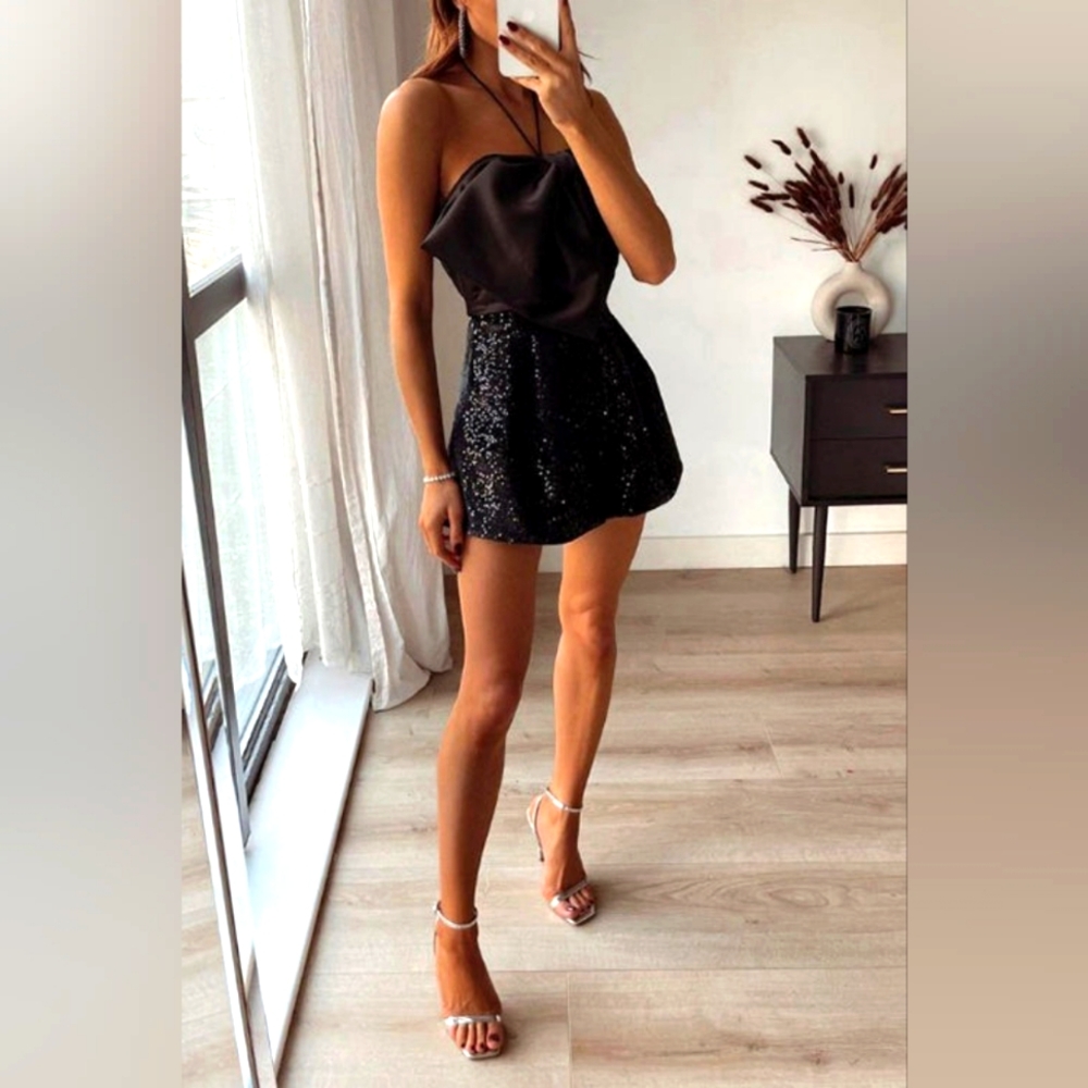 KRISTAL BLACK BOW SEQUIN HALTER ROMPER